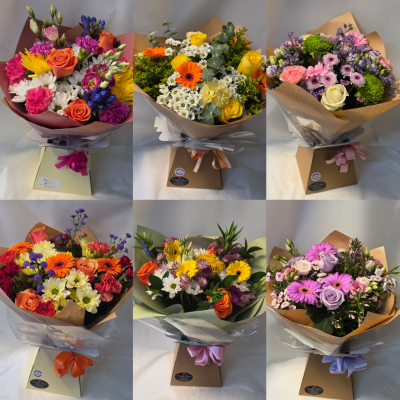 The florist choice aqua - These are mixed bouquets tied, in water and placed in a box or bag. The florist choice aqua - These are mixed bouquets tied, in water and placed in a box or bag.