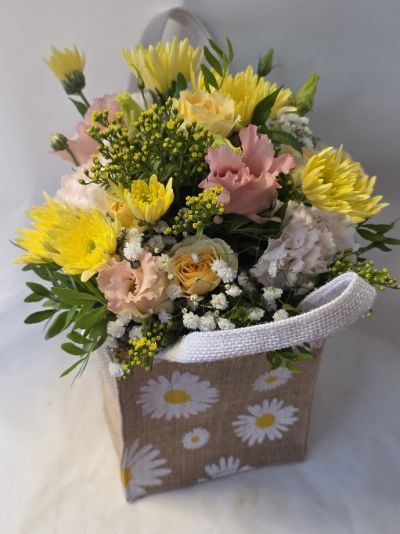 sweet gift bag arrangement - sweet, pretty little gift bag arrangement, florist choice so colours may vary but simiar to pic which is one previosly made sweet gift bag arrangement - sweet, pretty little gift bag arrangement, florist choice so colours may vary but simiar to pic which is one previosly made