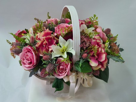 pink and cream artificial flower basket