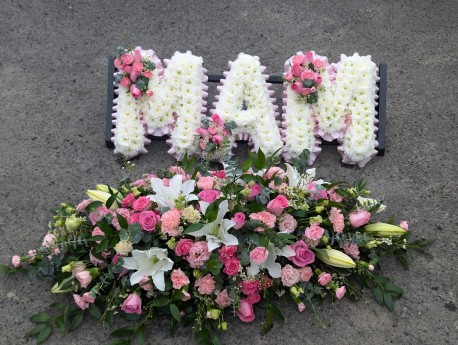 Pink & white MAM and casket spray